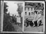 Unidentified group on pathway, location unidentified; Women on Indian motorcycle, location unidentified