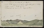 Haast, Johann Franz Julius von, 1822-1887: Aussicht von dem See Rotoiti nach Westen die ferne Kette, wahrscheinlich ist No 3 die hohe Kette, welche wir in Nelson gesehen – nördlich vom Buller liegend. Die Punkte 42. 35. 34 / 33 sind Spitzen derselben