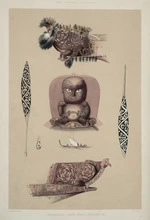 Angas, George French, 1822-1886 :Ornamental canoe heads, paddles &c. / George French Angas delt & lithog. Plate 42. 1847.