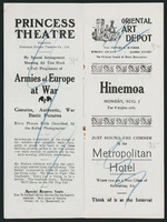 Dominion Pictures Theatres Company Ltd :Princess Theatre, by special arrangement showing all this week a full programme of "Armies of Europe at war"; "Hinemoa, Monday, Aug. 2, for 6 nights only; Oriental Art Depot; Metropolitan Hotel. [Programme double spread. 1915]