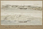 Pearse, John, 1808-1882 :Hills round Wellington Harbour [1854?]. Duke of Portland ship to right. Rough sketch for 'Home' (England)