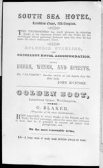 Page from Bull's Wellington Almanack and mercantile directory of 1866, with advertisements for the South Sea Hotel, and for the Golden Boot shoe store, both on Lambton Quay, Wellington