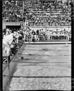Finish of the women's 220-yards swim, Olympic Pool, 1950 British Empire Games, Auckland
