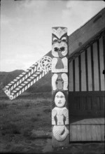 Carving on the front of Kuramihirangi meeting house, Te Rewarewa Marae, Ruatoki