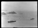 Royal Yacht Britannia, with escort, Bay of Islands