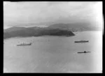 Royal Yacht Britannia with destroyer and submarine, Bay of Islands