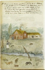 Artist unknown :William Deans and his brother squatted at Riccarton in front of the R[iver] Otakaroa or the Putaukanuit [?] R[iver], the Avon, in 1843 on the farm abandoned by Dodd & Davis, which was a little colony of itself on which they had expended several hundred - the plains around them are rich and ready for the plough at the back of the farm is a wood of 300 acres (only 50 - Godley). [Between 1844 and 1851?]