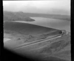 Lake Benmore with tailrace and earth dam of Benmore Hydroelectric dam