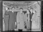 Bristol Freighter tour, Rongotai, from left are Mr Elliott, Sir Bernard Freyberg, Captain Ellison, General Puttick, Lady Freyberg