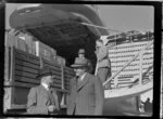 Bristol Freighter tour, Dunedin, Clive J Wood, chairman Otago Chamber of Commerce (left) and H I Sinclair, president Otago Aero Club