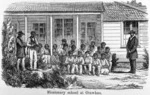 Wood engraving showing a group outside a missionary school at Otawhao