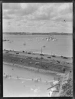 Looking across the Parnell Baths to yachts on the harbour, Auckland