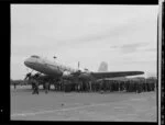 Handley Page Hastings airplane, being viewed by Royal New Zealand Air Force personnel, Wigram, Christchurch
