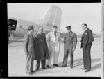 J Gamble, left, with Major Nicol, Squadron Leader HG Hazelden, group Captain Clouston, and Pat Castle [Shell Oil?], Royal New Zealand Air Force station, Ohakea, Whanganui District