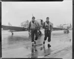 Cadet pilots A J King and C M Waters, after flight in a Harvard aircraft, Wigram, Christchurch