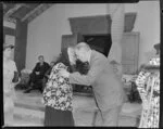 Princess Te Puea greeting Sir Peter Buck at his welcoming ceremony, Ngaruawahia, Waikato