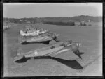 Oxford aircraft lined up on the ground, Hobsonville, Royal New Zealand Air Force air sales