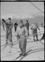 Skiers and rope tow, Coronet Peak Ski Field, Central Otago