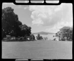 Parnell Gardens, Parnell, Auckland, showing Rangitoto Island in the distance