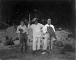 Robert Mair, Major William Gilbert Mair and Captain Gilbert Mair dressed up as castaways, Peach Orchard, Whangarei Harbour