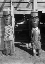 Maori wooden carvings at Te Whai-a-te Motu, Mataatua