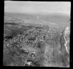 Castlecliff, Wanganui, aerial view along coastline with Cornfoot and Waitote and Karaka Streets and beach