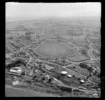 Gonville, Wanganui, view of railyards with commercial area and racecourse beyond