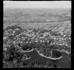Wanganui, view over Virginia Lake and Sacred Heart Convent (now part of Cullinane College) and Saint Johns Hill, to the river and Wanganui East residential area with farmland beyond