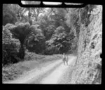 Two unidentified boys walking along the road over the Coromandel Ranges