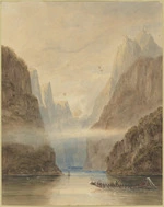 [Evans, Frederick John Owen] 1815-1885 :New Zealand - Middle Island. Entering Milford Sound in H M Acheron - Captn J. Lort Stokes 1850