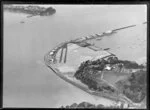 Westhaven, Auckland, showing site preparation for new harbour bridge with Westhaven Marina, Curran Street and Point Erin Park, looking towards Northcote Peninsula