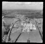 Horotiu, Waikato, showing AFFCO Freezing Works next to the Waikato River and Great South Road (State Highway 1) with farmland beyond