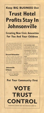 Johnsonville Licensing Area Trust. Promotion Committee :Keep big business out. Trust hotel profits stay in Johnsonville. Vote Trust control. [1966-67].