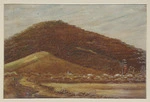 Backhouse, John Philemon 1845-1908 :Maori camp at the foot of Mt Taupiri, shewing the burial place of the Maori Kings. [ca 1880].