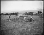 Relief workers stacking rocks, Te Horo, Kapiti Coast district, Wellington region