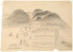 [Artist unknown] :[Sketches of a Maori muru at Parawera; the co-respondents. Confronted by the injured husband and wife, while the giddy dance proceeds in front of the marae. Between 1860 and 1890?]