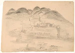 [Artist unknown] :[Sketches of a Maori muru at Parawera; arrival of Ngatiraukawa, preparation of food, etc. Between 1860 and 1890?]