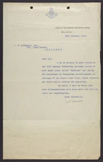 To McDonnell from W H Herries at Office of the Minister for Native Affairs, Wellington
