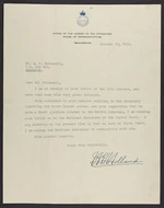 To McDonnell from H E Holland, House of Representatives, Wellington