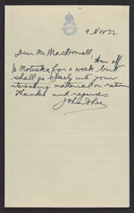 To McDonnell from John A Lee, House of Representatives, Wellington