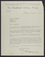 To McDonnell from W Nash, New Zealand Labour Party Head Office, Wellington