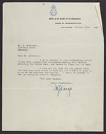 To McDonnell from M J Savage, Office of the Leader of the Opposition, House of Representatives, Wellington