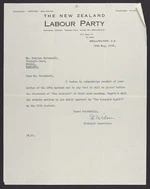 To McDonnell from D Wilson, New Zealand Labour Party National Office, Wellington