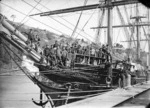 Prow of sailing ship James Nicol Fleming, with figurehead and crew