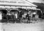 [Horse-drawn bus of the Greymouth-Karoro Bus Service, outside the Australasian Hotel, Greymouth]