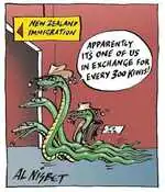 Nisbet, Al 1958- : New Zealand Immigration. 'Apparently it's one of us in exchange for every 300 Kiwis!' Christchurch Press,