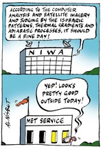 NIWA "According to the computer analysis and satellite imagery and judging by the isobaric patterns, thermal gradients and adiabatic processes, it should be a fine day!" Met Service "Yep! Looks pretty good outside today!" 5 April, 2007
