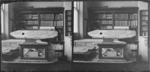 Study [Invercargill Athenaeum?] interior featuring plank of wood with 'Want Releif' message carved by survivors of the wreck of the ship 'General Grant' on Auckland Islands