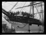 View of the prow of the sailing ship Akaroa at Port Chalmers, probably in 1884