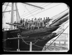 View of the prow and figurehead of the full-rigged sailing ship "Calypso" in the graving dock at Port Chalmers